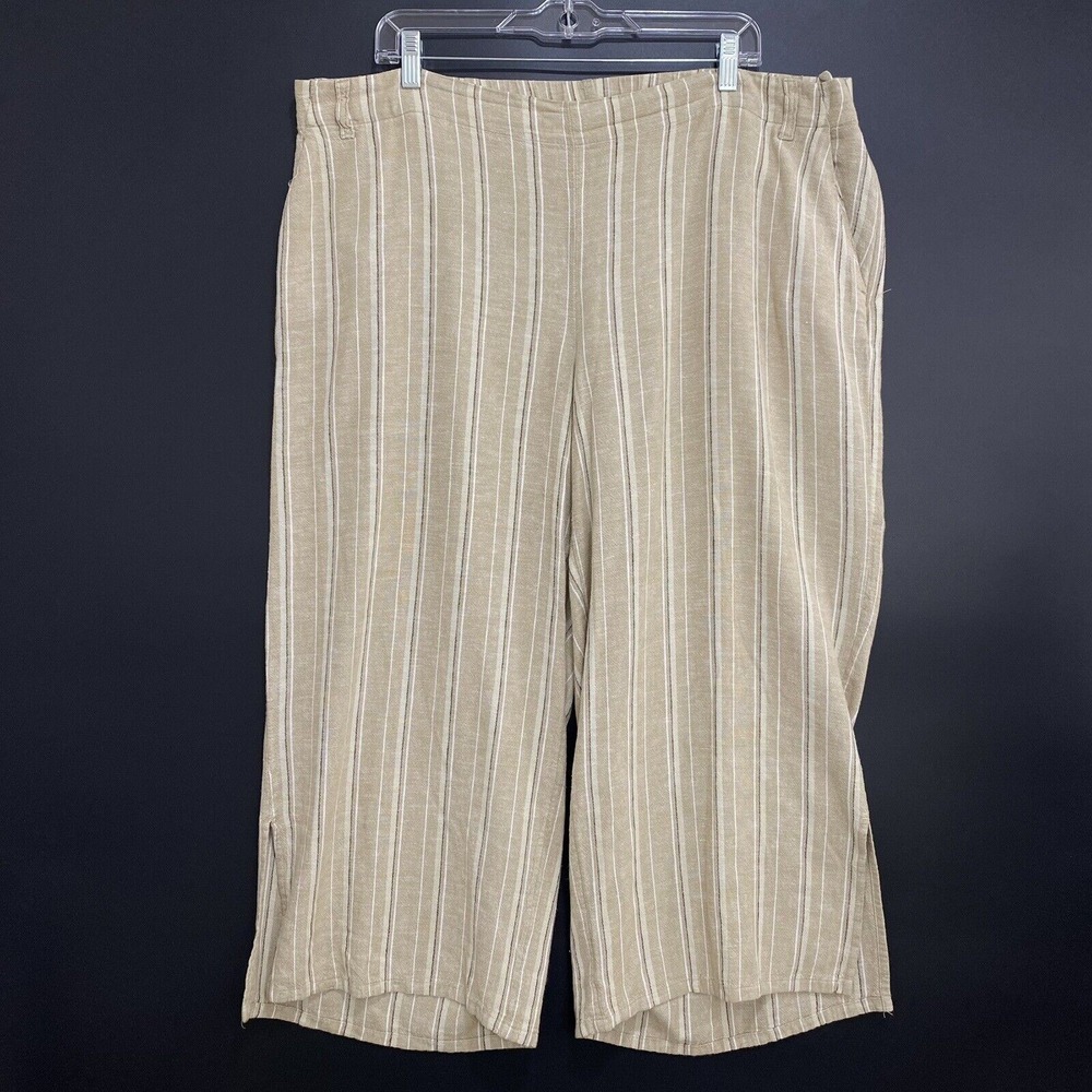 J Jill Pants Womens XL Beige Stripe Linen Rayon Cropped Wide Leg Side Zip Resort